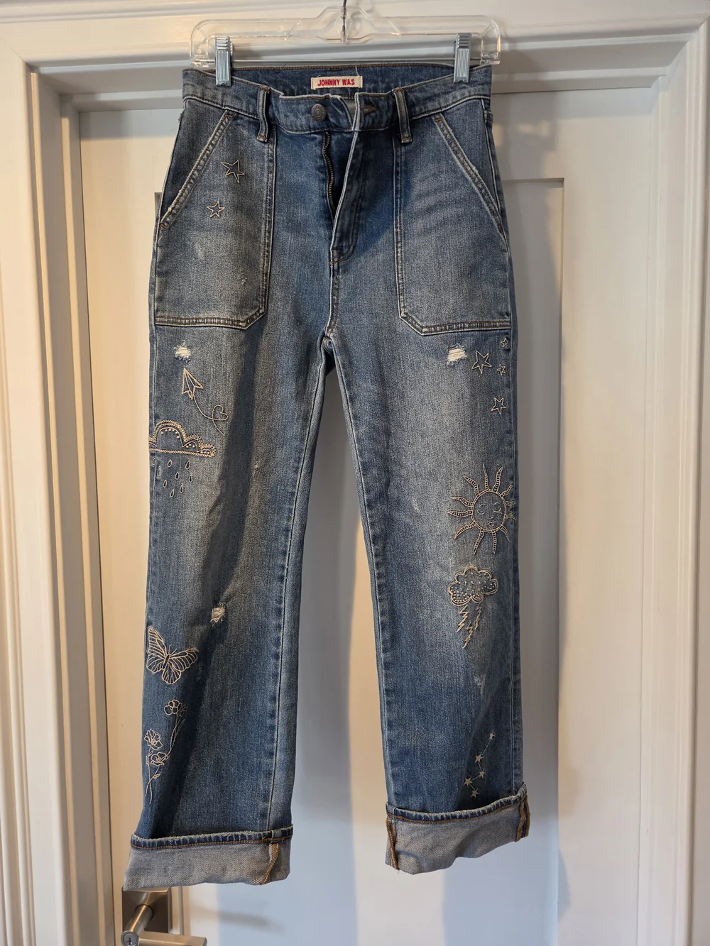 Johnny Was Blue Embroidered Straight-Leg Jeans with Cuffed Hems - Picture 1 of 2